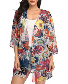 PRICES MAY VARY. Premium Material：This kimonos for women is made of sheer chiffon, lightweight, comfortable, very soft and flowy Unique Design：Open front kimono cover ups, floral print, half sleeve, loose kimono cardigan cover up, boho style, casual kimono cardigan coats, long enough to cover hip. Beat the heat in this sexy beach swimming suit cover up Perfect Outfit：The kimono cardigans for women is perfect for throwing on over your favorite tank top and cut off shorts, over a tunic and legging Modern Kimono Fashion, Chiffon Kaftan, Blouses Casual, Chiffon Cardigan, Short Sleeve Kimono, Modern Kimono, Kimono Floral, Cardigan Kimono, Floral Print Kimono