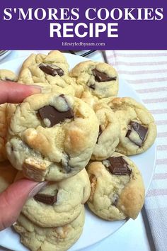 there is a plate with cookies on it and the words s'mores cookies recipe