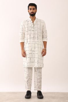 White kurta with dot geometrical print. Comes with matching trouser. - Aza Fashions White Cotton Sets For Workwear, White Cotton Kurta With Relaxed Fit, White Cotton Relaxed Fit Kurta, White Relaxed Fit Cotton Kurta, Patterned Cotton Sets For Workwear, Trouser For Men, Trouser Pattern, Kurta Patterns, White Kurta