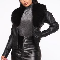 Faux Fur Collar Is Removable As Shown In Pic Silver Hardware Brand New With Tags Fashion Nova $69.99 Edgy Faux Leather Winter Jacket, Edgy Faux Leather Jacket For Winter, Faux Leather Outerwear With Faux Fur Lining, Black Faux Leather Outerwear, Chic Black Leather Jacket With Faux Fur Lining, Faux Leather Outerwear With Zipper For Night Out, Edgy Outerwear With Faux Fur Trim For Fall, Edgy Fall Outerwear With Faux Fur Trim, Winter Outerwear With Zipper For Night Out