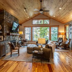 a living room filled with furniture and a flat screen tv mounted on the wall next to a fire place