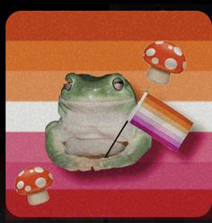 a frog with a rainbow flag and mushrooms