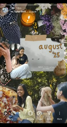 the collage shows people and their pets eating pizza, drinking wine, and watching tv