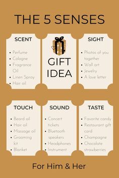 the 5 senses gift idea for him and her, with instructions on how to use it