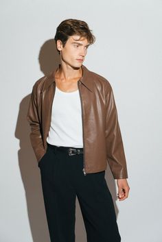 A vintage inspired vegan leather blouson. Our modern interpretation of a wardrobe classic that is both effortlessly cool & elegantly refined. Regular-fit with a slight crop to taper into waist. Crafted from a buttery smooth, vegan leather that looks and feels like the real thing. Night Out Outfits Men, Men Night Out Outfit, Night Out Outfit Men, Leather Jacket Outfit Men, Man Clothes, Men Photography, Mens Casual Dress Outfits, Leather Jacket Outfits