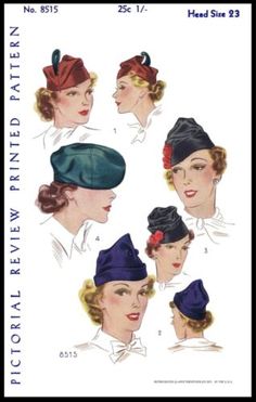 Pictorial Review # 8515 Hat Beret Cap Fabric Sewing PATTERN Vintage 1930's ~23"~ | eBay 1930s Hats, Madeleine Vionnet, Fabric Sewing Patterns, Hat Patterns To Sew, Vintage Blog, Elsa Schiaparelli, Vintage Millinery, Illustration Photo, Paper Patterns