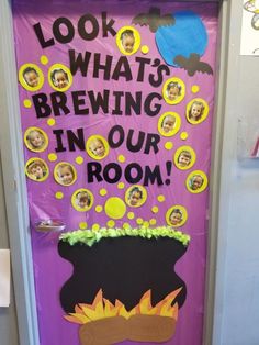 a door decorated with pictures and sayings for what's brewing in our room