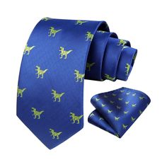 Dinosaur Tie Handkerchief Set - 04-BLUE/GREEN Blue Ties With Pocket Square For Father's Day, Blue Tie With Pocket Square For Father's Day, Green Summer Ties As Gift, Green Summer Ties For Gift, Green Summer Ties For Gifts, Green Summer Ties As Gifts, Adjustable Blue Ties For Father's Day, Green Neckwear With Ties For Gift, Green Neckwear With Ties As Gift