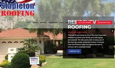 the website for roofing company is displayed in front of a house with an american flag