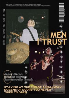 an advertisement for the band men's trust, with images of people playing instruments and singing