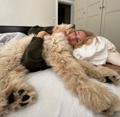 a woman laying on top of a bed next to a large furry dog with long legs