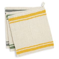 two white and yellow striped dishcloths on a white background