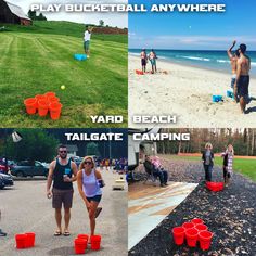 there are many different pictures that show people playing and having fun at the beach with buckets