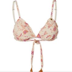 Size 32 C/D Batik Flower White -Color Nwt Bring Some Elegant Romanticism To Your Bikini Collection With This Pink Floral Number From Love Stories. The Triangle Top Is Detailed With Delicate Ruffled Trim And Fastens At The Back With A Tassel Ties. Recycled Nylon, Elastane Triangle Cut Removable Padding Adjustable Shoulder Straps Batik Print Tie Closure Feminine Swimwear With Adjustable Straps, Feminine Fitted Swimwear With Adjustable Straps, Feminine Fitted Swimwear With Bra-friendly Design, Feminine Fitted Bra-friendly Swimwear, Floral Print Triangle Top For Poolside, Bohemian Fitted Swimwear, Bra-friendly, Poolside Floral Print Triangle Top, Bohemian Fitted Bra Friendly Swimwear, Bohemian Fitted Bra-friendly Swimwear