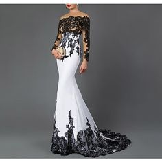 Silhouette:Mermaid / Trumpet; Hemline / Train:Sweep / Brush Train; Closure:Zipper UP; Built-In Bra:No; Embellishment:Lace Insert; Fabric:Stretch Fabric; Sleeve Length:Long Sleeve; Boning:No; Style:Luxurious,Color Block; Occasion:Halloween,Wedding Party; Neckline:Off Shoulder; Front page:Evening Gown; Bust:; Hips:; Hollow to Floor:; Waist:; Features:Fall Wedding Reception Long Sleeve Mermaid Dress, Baju Kahwin, 파티 드레스, Prom Dresses Modest, Long Sleeve Evening Dresses, Gala Dinner, فستان سهرة, Satin Prom Dress, Mermaid Evening Dresses