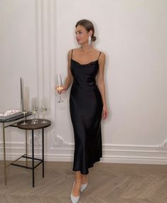 Black Slick Dress, Black Midi Dress Classy, How To Style Black Satin Dress, Black Slip Dress Prom, Long Black Dress Outfit Party Night, Black Silky Dress Outfit, Long Black Slip Dress, Black Long Slip Dress Outfit, Slip Dress Cocktail Party