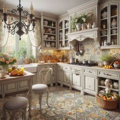 a kitchen with white cabinets and an ornate chandelier