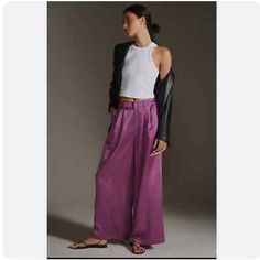 Nwt Purple Silky Wide Leg Pants. Absolutely Gorgeous! I Love How The Stock Photo Dresses Them Down, But I See These Dressed Up As Well. Color Is Great For All Seasons Too! Qs Lmk Silky Pants, Cropped Flare Pants, Purple Pants, Summer Pants, Fashion Joggers, Pleated Pants, Pants Women, 50 Fashion, Wide Leg Jumpsuit