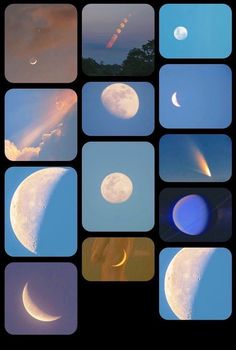 multiple images of the moon in different stages of eclipses, with clouds and blue sky behind them