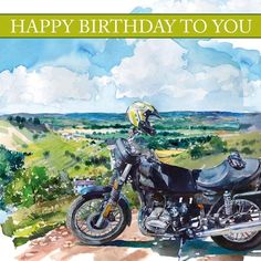 a watercolor painting of a motorcycle on a dirt road with the words happy birthday to you