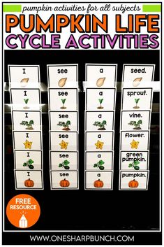 pumpkin life cycle activities for kids to practice the letter formation and matching words with pictures