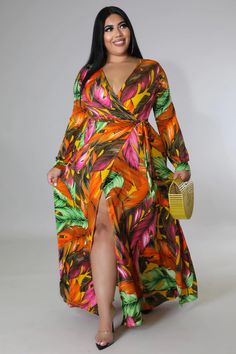 Beautiful, vibrant colored, long sleeved, maxi dress. pair with sandals or strappy heel for complete look. Stretch dress Surplice neckline Long sleeves Slit Self tie waist No closure 95% polyester 5% spandex Hand wash cold Model is wearing a 2X Plus Size Cabo Outfits, Carribean Outfits, Cabo Outfits, Curvy Maxi Dress, Maxi Dresses Plus Size, Sleeved Maxi Dress, Pool Party Dresses, Plus Size Fashionista, Plus Size Maxi Dress