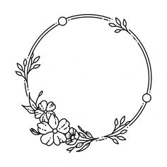 a circular frame with flowers and leaves on it, drawn in black ink by hand