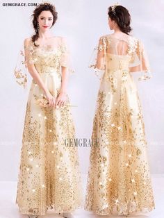 Champagne A-line Gown For Party, Full Length Summer Dress For Banquets, Full Length Summer Banquet Dress, Full Length Summer Dress For Banquet, Full-length Summer Dress For Banquet, Gold Evening Dresses For Winter, Gold Summer Dress For Banquet, Spring Party Gown With Short Sleeves, Gold Summer Banquet Dress