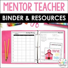 a pink binder with the words mentor teacher bind and resources on it, along with pencils