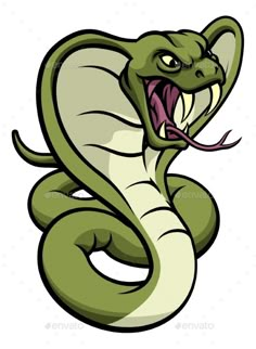 a cartoon green snake with its mouth open and tongue wide open - animals characters on separate layers