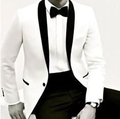 (eBay) Custom Made White Tuxedo Jacket Black Shawl Lapel Black Pants,White Wedding Tuxe Black And White Tuxedo Wedding Tie, Groom White Tuxedo Jacket, Terno Slim, White Tux, Groom Wedding Dress, Black And White Tuxedo, Classic Tuxedo, Man Blazer, Groom Tuxedo