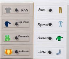 the drawers are labeled with different types of shirts and pants, but not all have names on them