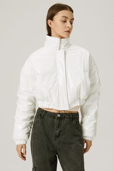 storets.com Haley Coated Puffer Jacket White Outerwear With Zip Fly For Fall, White Zip Fly Outerwear For Winter, Trendy White Outerwear With Ribbed Cuffs, Spring Puffer Cropped Jacket For Streetwear, Spring Streetwear Cropped Puffer Jacket, Spring Cropped Puffer Jacket For Streetwear, Fitted Winter Outerwear With Button Zip Fly, Fall Streetwear Outerwear With Button Zip Fly, Trendy Spring Outerwear With Button Zip Fly