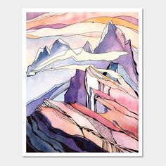 a watercolor painting of mountains and clouds in pink, blue, yellow and orange