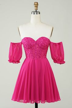 Robe Fuchsia, Fuchsia Dress, Chiffon Shorts, Short Homecoming Dress, Chiffon Material, Candy Pink, Dress With Lace, Prom Dresses Short, Long Prom Dress