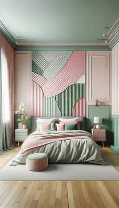 a bedroom with pink and green walls, wooden floors and a large bed in the middle