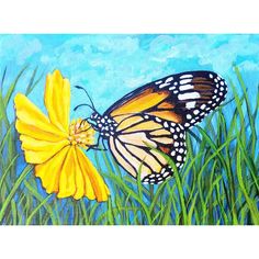 a painting of a monarch butterfly on a yellow flower with blue sky in the background