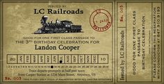 an old ticket for a birthday celebration with a train on the front and back side