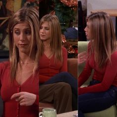 an image of two women in red shirts talking to each other on the set of friends