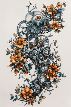 a drawing of flowers and gears on a white sheet with orange daisies in the foreground