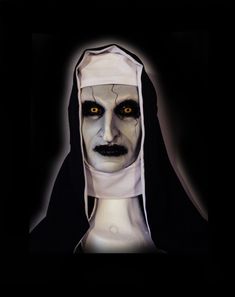 a creepy nun with yellow eyes and black hair wearing a white mask, in the dark