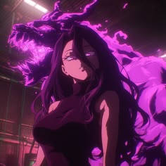 an anime character with long hair and purple eyes, standing in front of a demon like creature