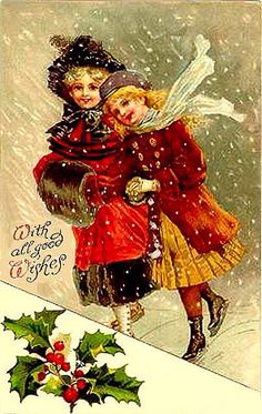 an old fashioned christmas card with two children in red coats and holly wreaths on it