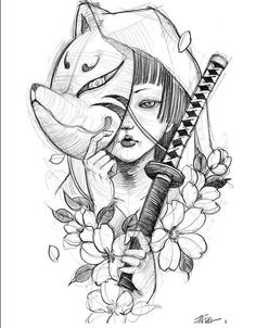 a drawing of a girl holding a mask and a knife in her hand with flowers around her