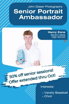 a flyer for a senior portrait session with an image of a man holding a tennis racket