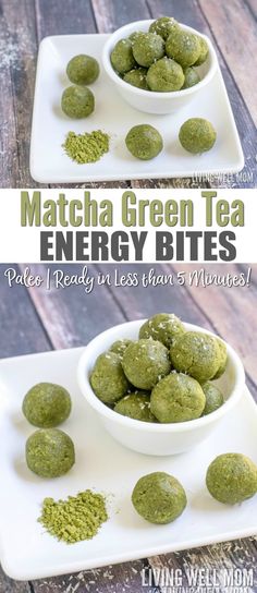 matcha green tea energy bites on a white plate