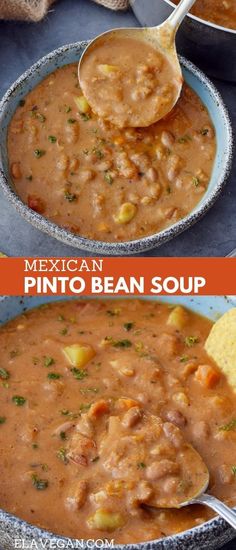 mexican pinto bean soup in a skillet with tortilla chips