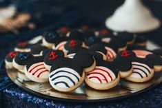 mickey mouse cookies are arranged on a plate