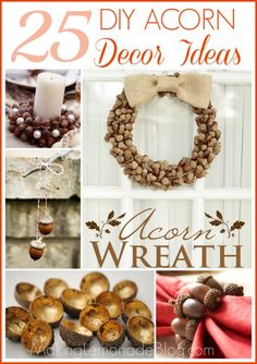 the cover of 25 diy acorn decor ideas, including wreaths and pine cones