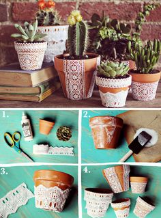 four pictures showing how to decorate pots with crochet lace and succulents